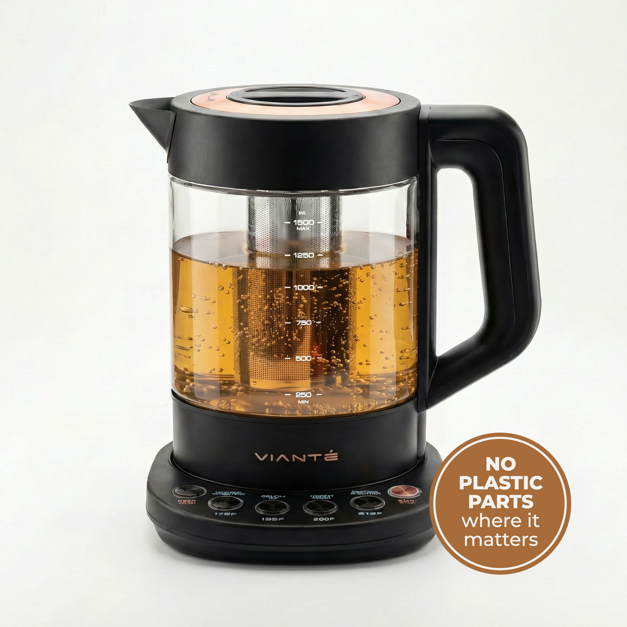 NO PLASTIC-TO-WATER CONTACT KETTLE WITH DIGITAL TEMPERATURE CONTROL AND INFUSER.