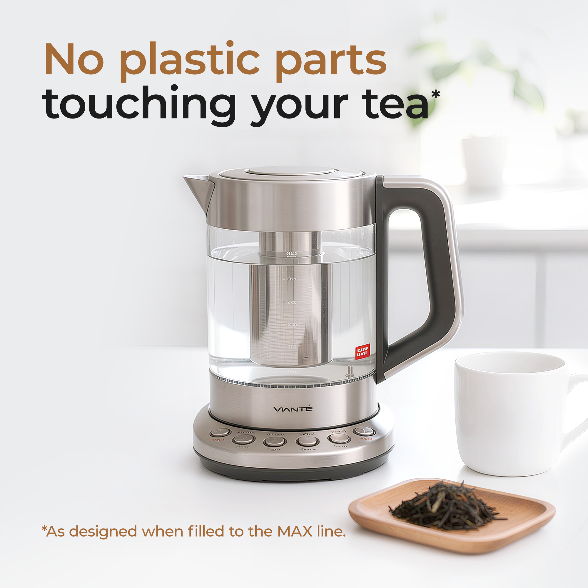 NO PLASTIC-TO-WATER CONTACT KETTLE WITH DIGITAL TEMPERATURE CONTROL & INFUSER.