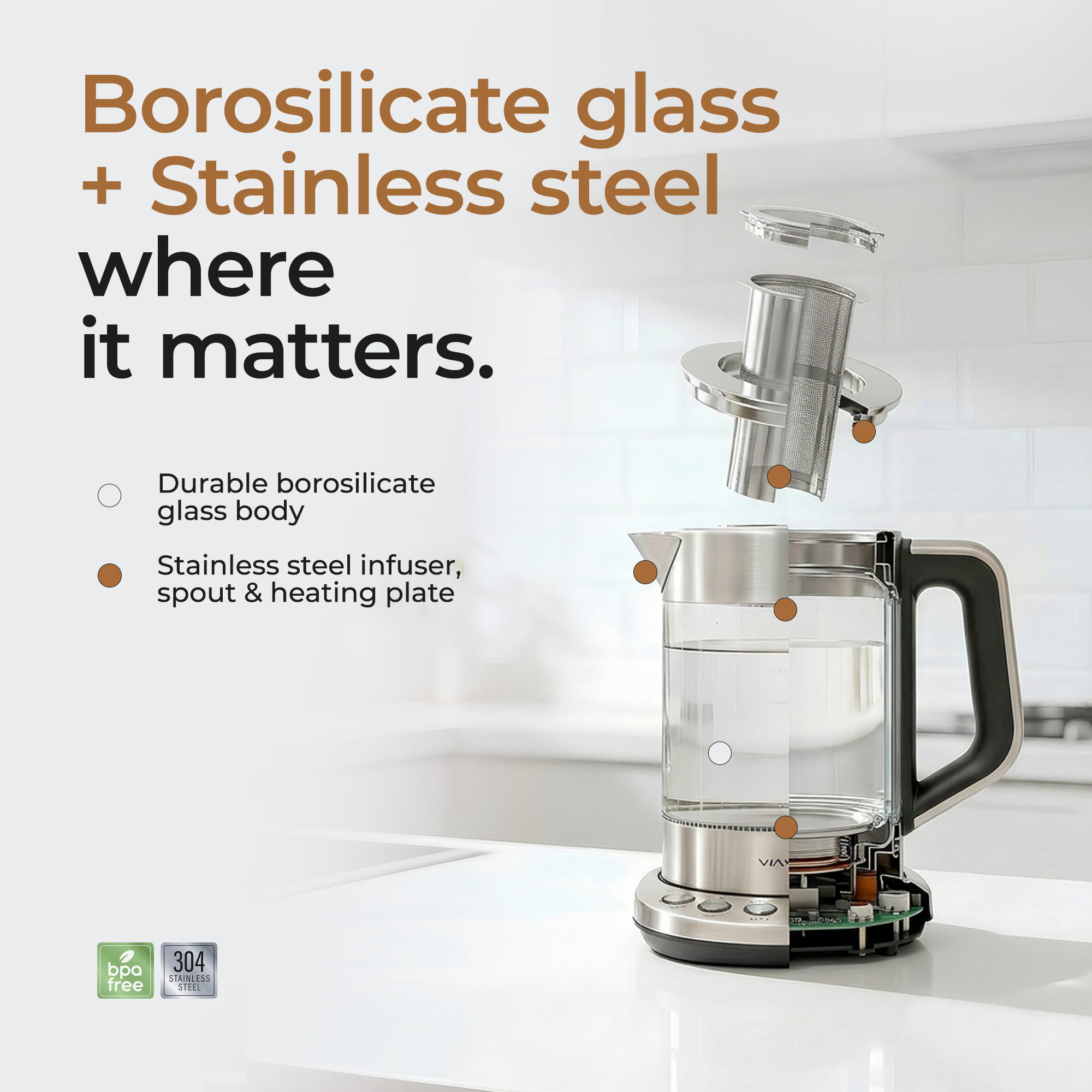 NO PLASTIC-TO-WATER CONTACT KETTLE WITH DIGITAL TEMPERATURE CONTROL AND INFUSER.