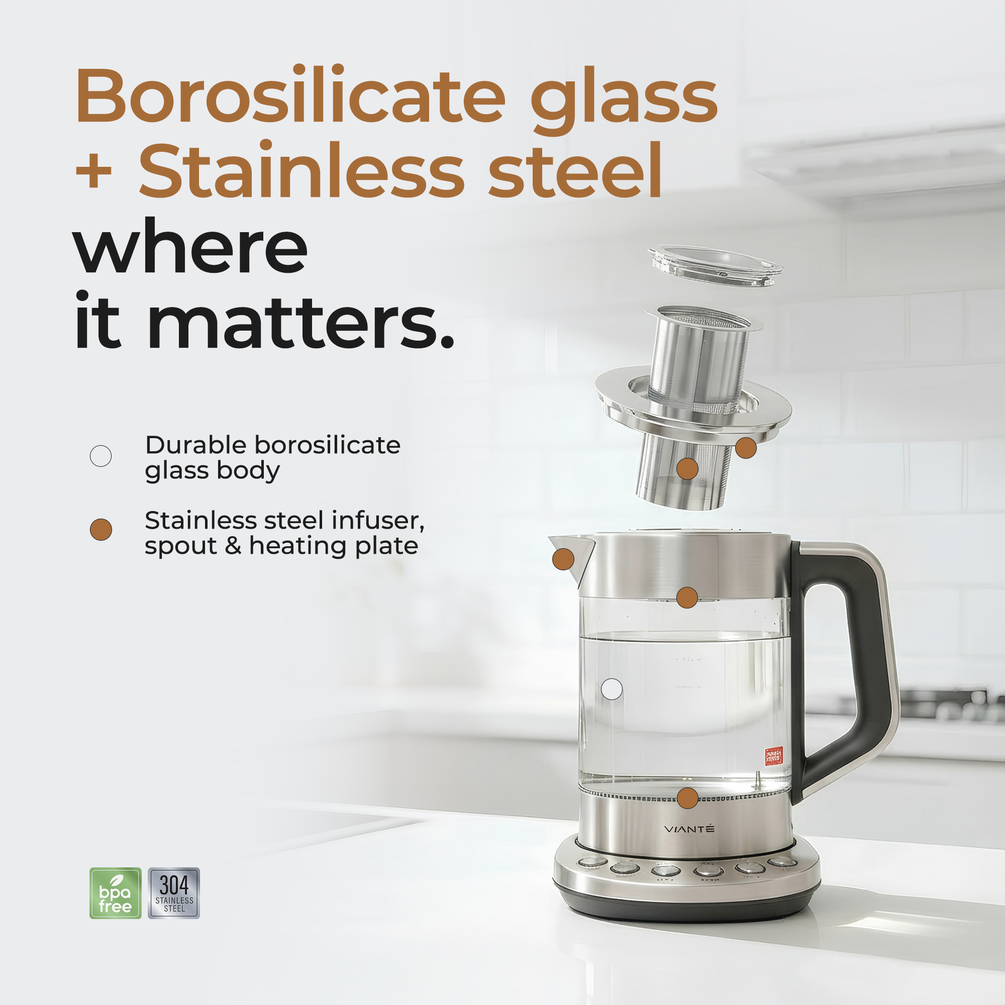 NO PLASTIC-TO-WATER CONTACT KETTLE WITH DIGITAL TEMPERATURE CONTROL & INFUSER.