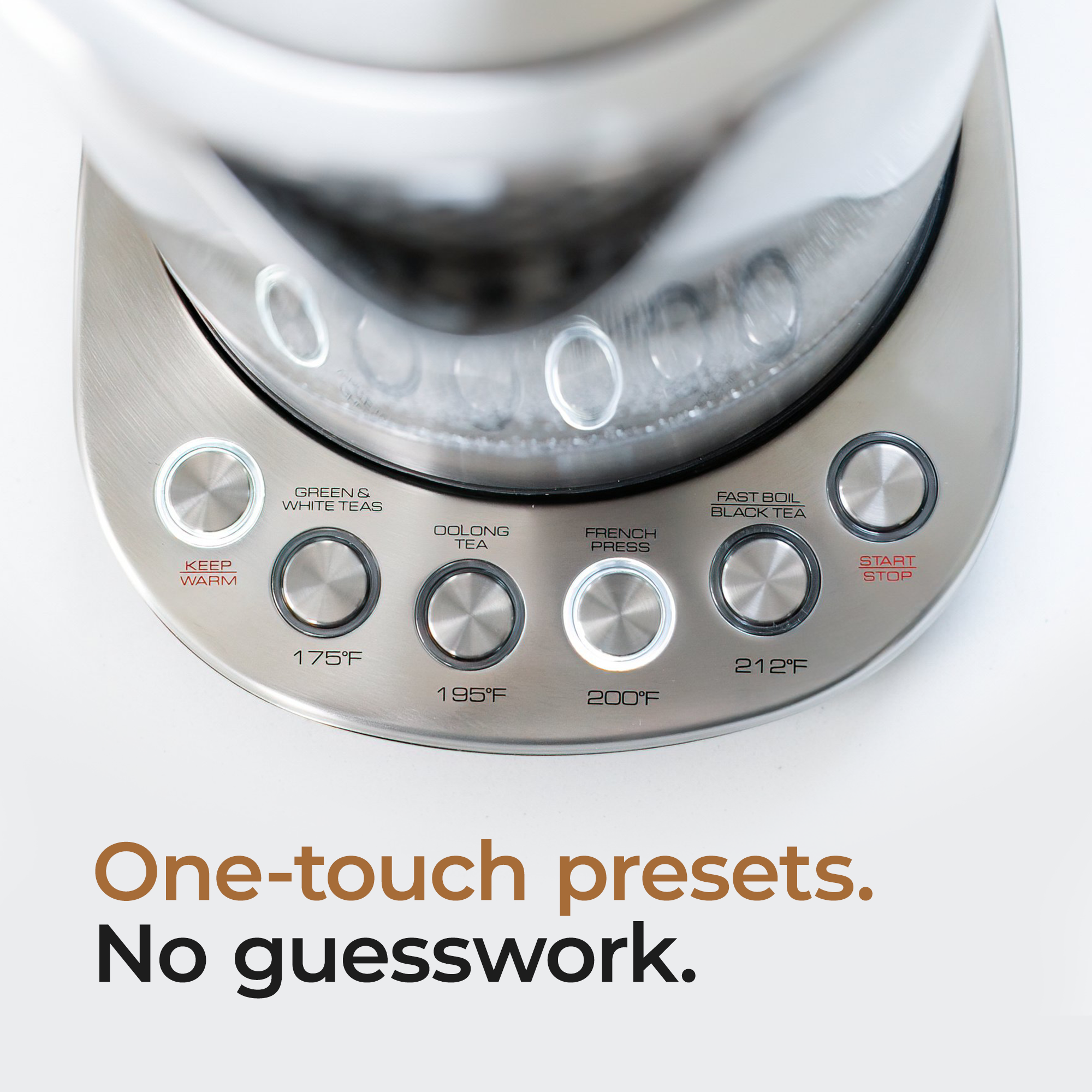 NO PLASTIC-TO-WATER CONTACT KETTLE WITH DIGITAL TEMPERATURE CONTROL & INFUSER.