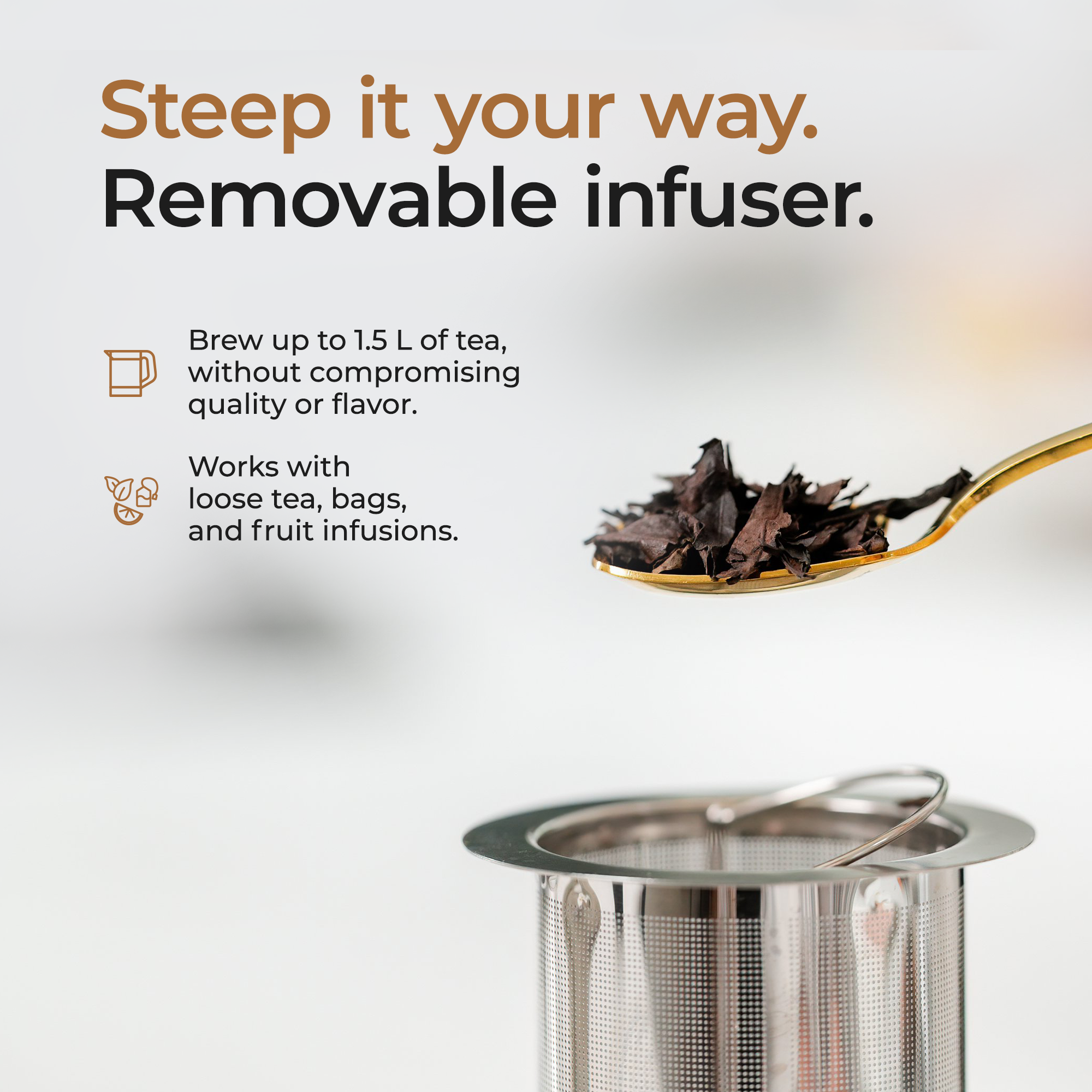 NO PLASTIC-TO-WATER CONTACT KETTLE WITH DIGITAL TEMPERATURE CONTROL AND INFUSER.