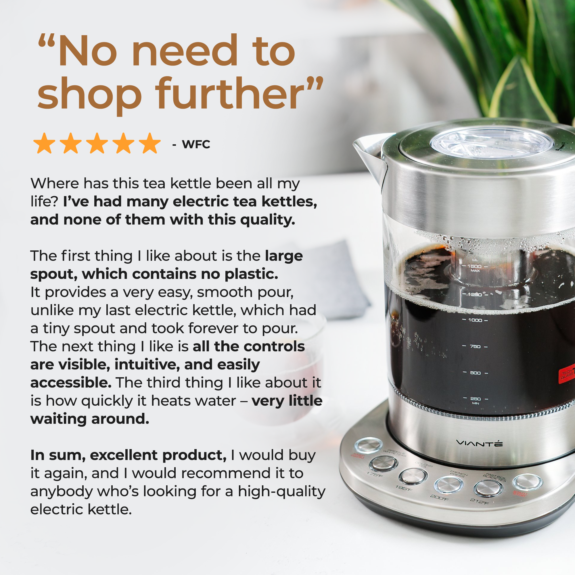 NO PLASTIC-TO-WATER CONTACT KETTLE WITH DIGITAL TEMPERATURE CONTROL AND INFUSER.